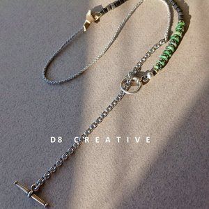 New men's green zoisite with onyx and pyrite stainless steel hand wrap necklace